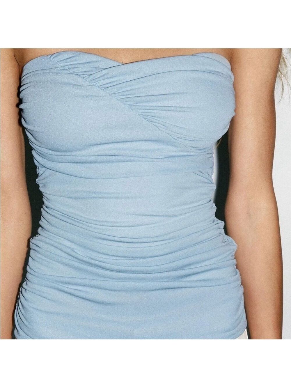 Zara Sky Blue Strapless Ruched Blouse
